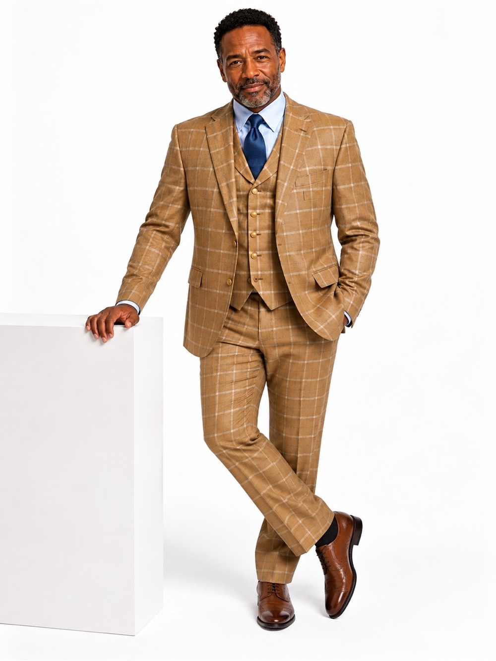 Tom James Custom 3-Piece Suit | Windowpane | Gold Buttons | Classic Tailored